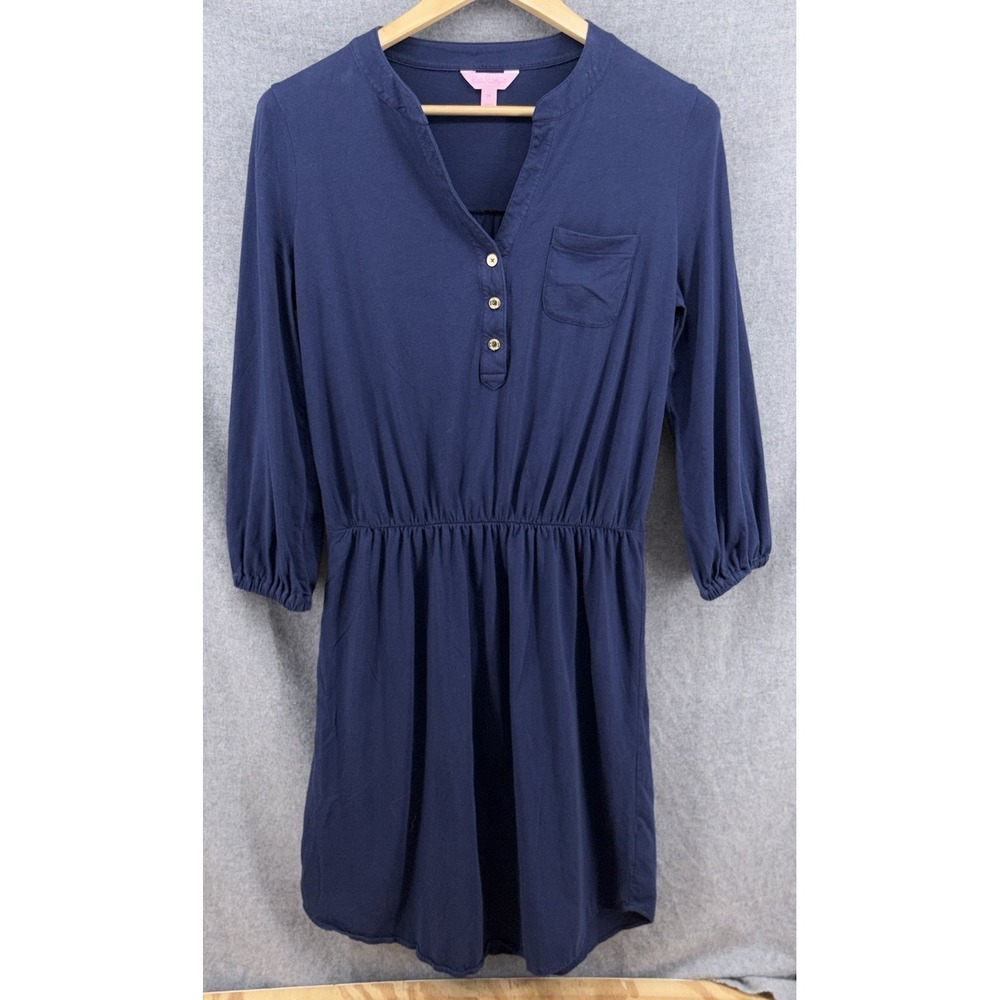 Lilly Pulitzer Beckett Shirt Dress Medium Navy Pleated Pima Cotton Gold Button